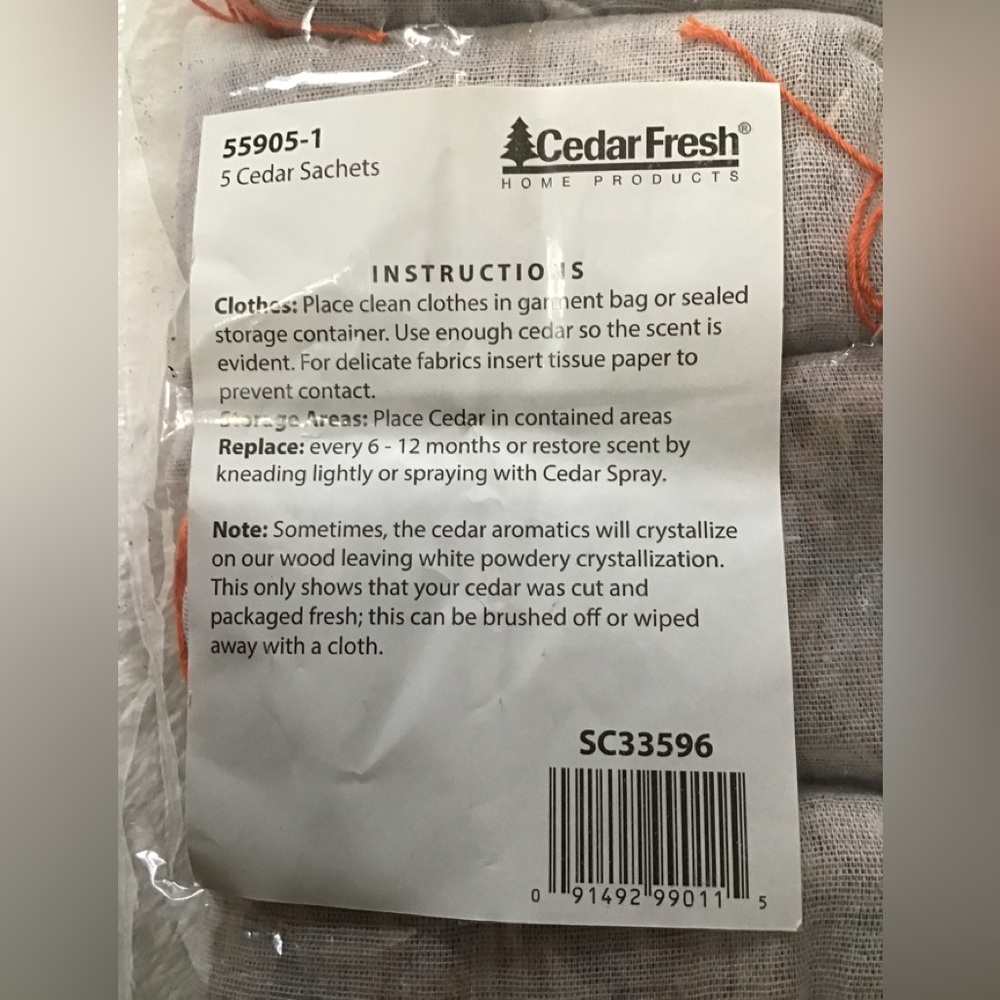 One bag containing five cedar sachets cc